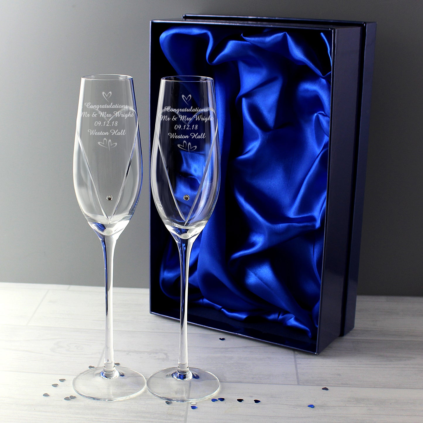 Personalised Hand Cut Little Hearts Pair of Flutes with Swarovski Elements with Gift Box