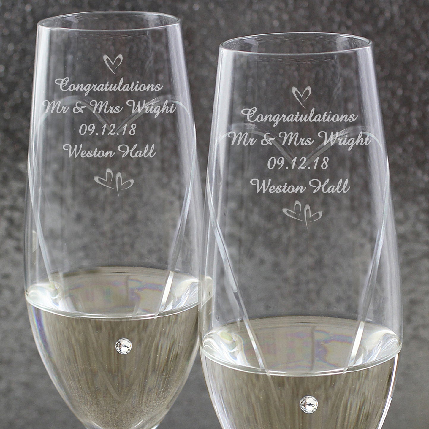 Personalised Hand Cut Little Hearts Pair of Flutes with Swarovski Elements with Gift Box