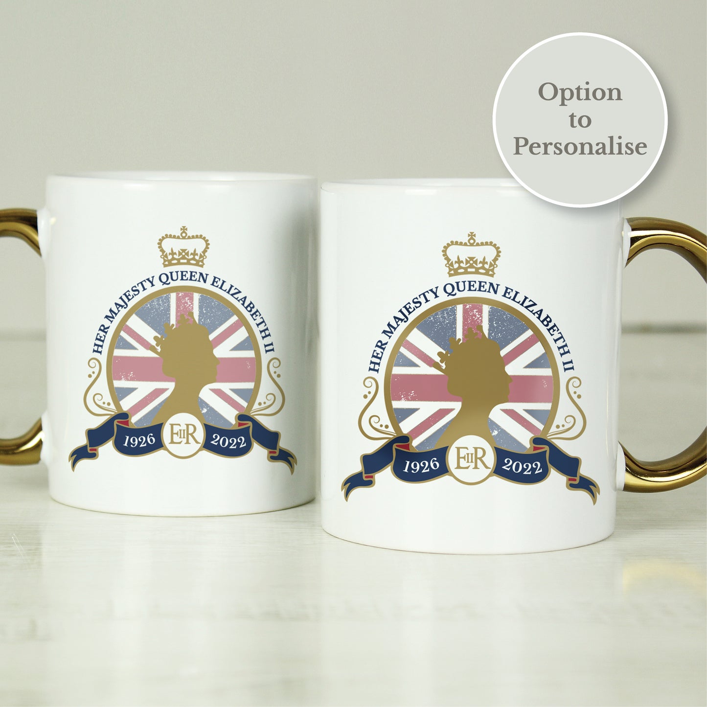 Personalised Queens Commemorative Union Jack Gold Handle Mug