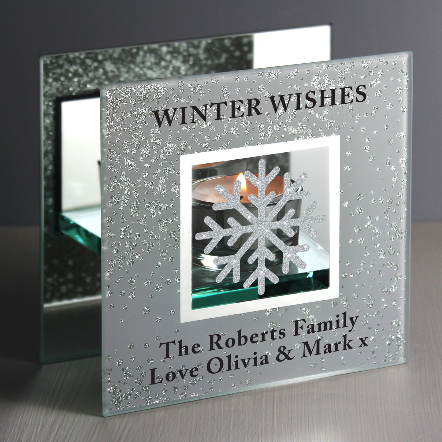 Personalised Snowflake Silver Glitter Tea Light Holder