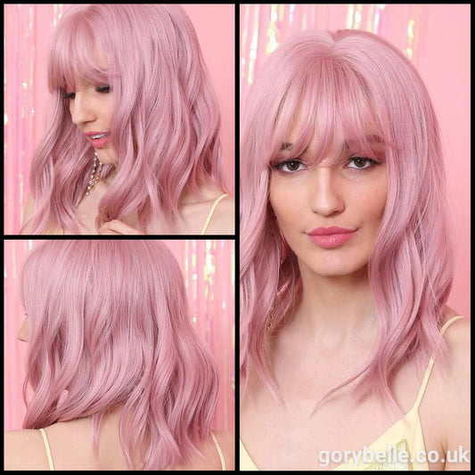Natural Wavy Wig With Fringe - Pink