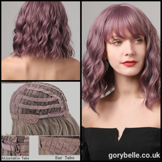 Natural Curly Wig With Fringe - Dusty Purple