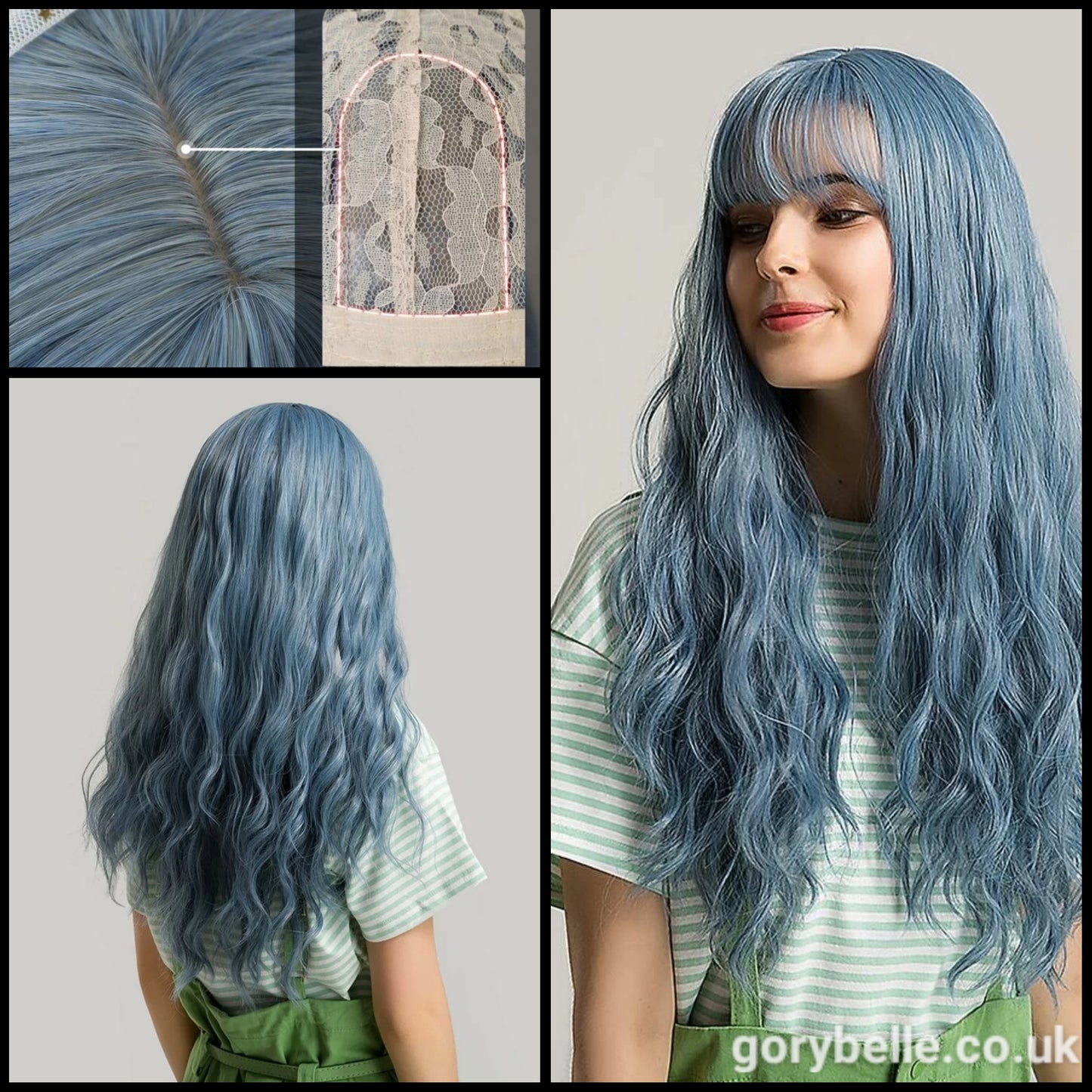 Natural Long Curly Wig With Fringe - Blue