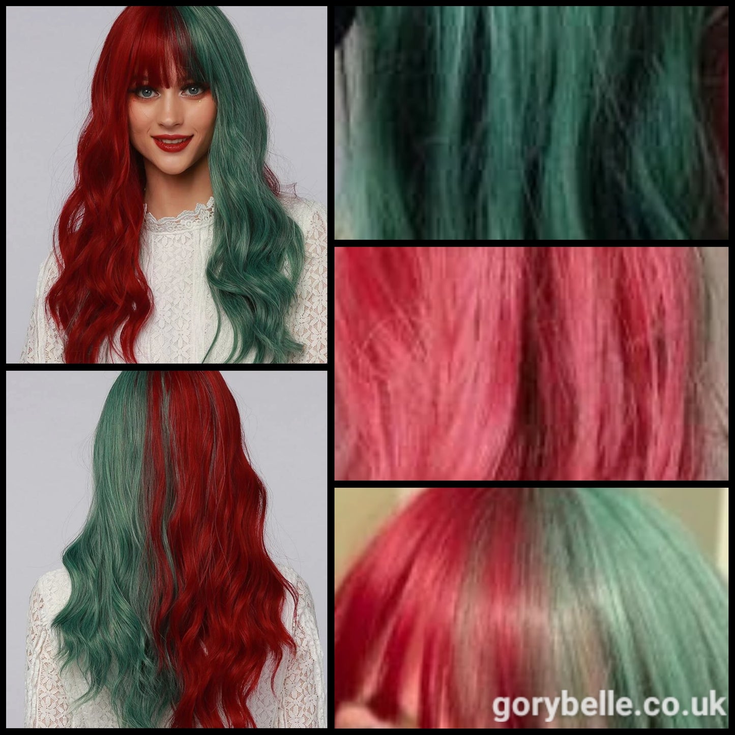 Two Tone Red and Green Natural Long Curly Wig With Fringe