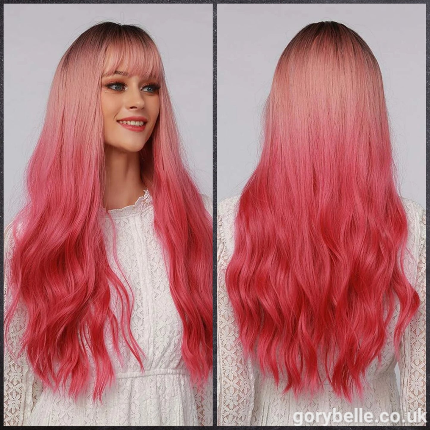 Natural Ombre Long Curly Wig With Fringe ~Pink ombre