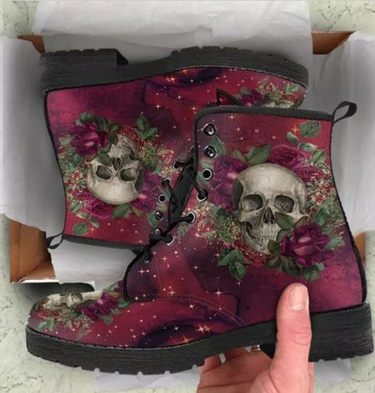 Floral Red Skull Lace Up Ankle Boots