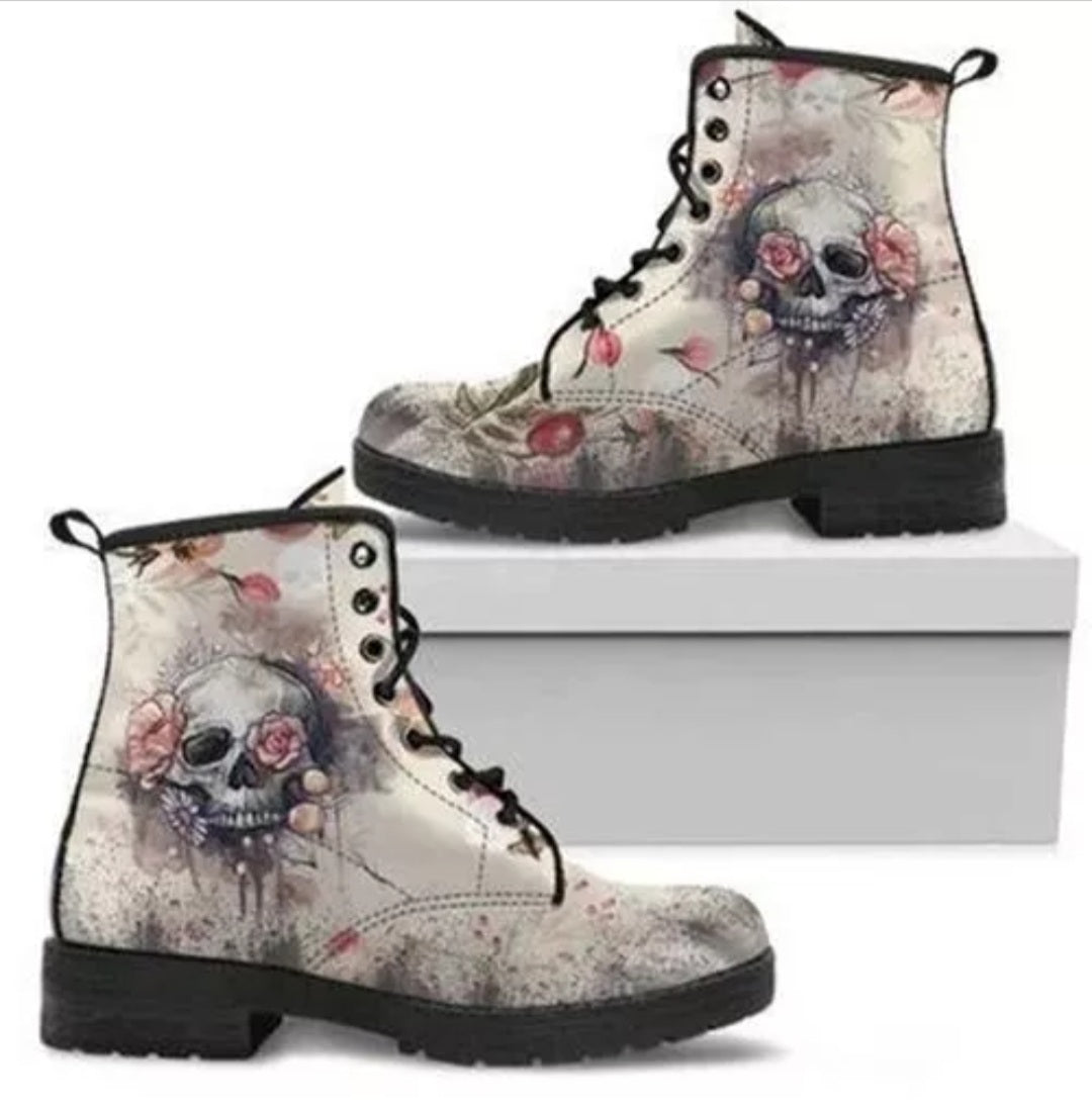 Floral White Skull Lace Up Ankle Boots
