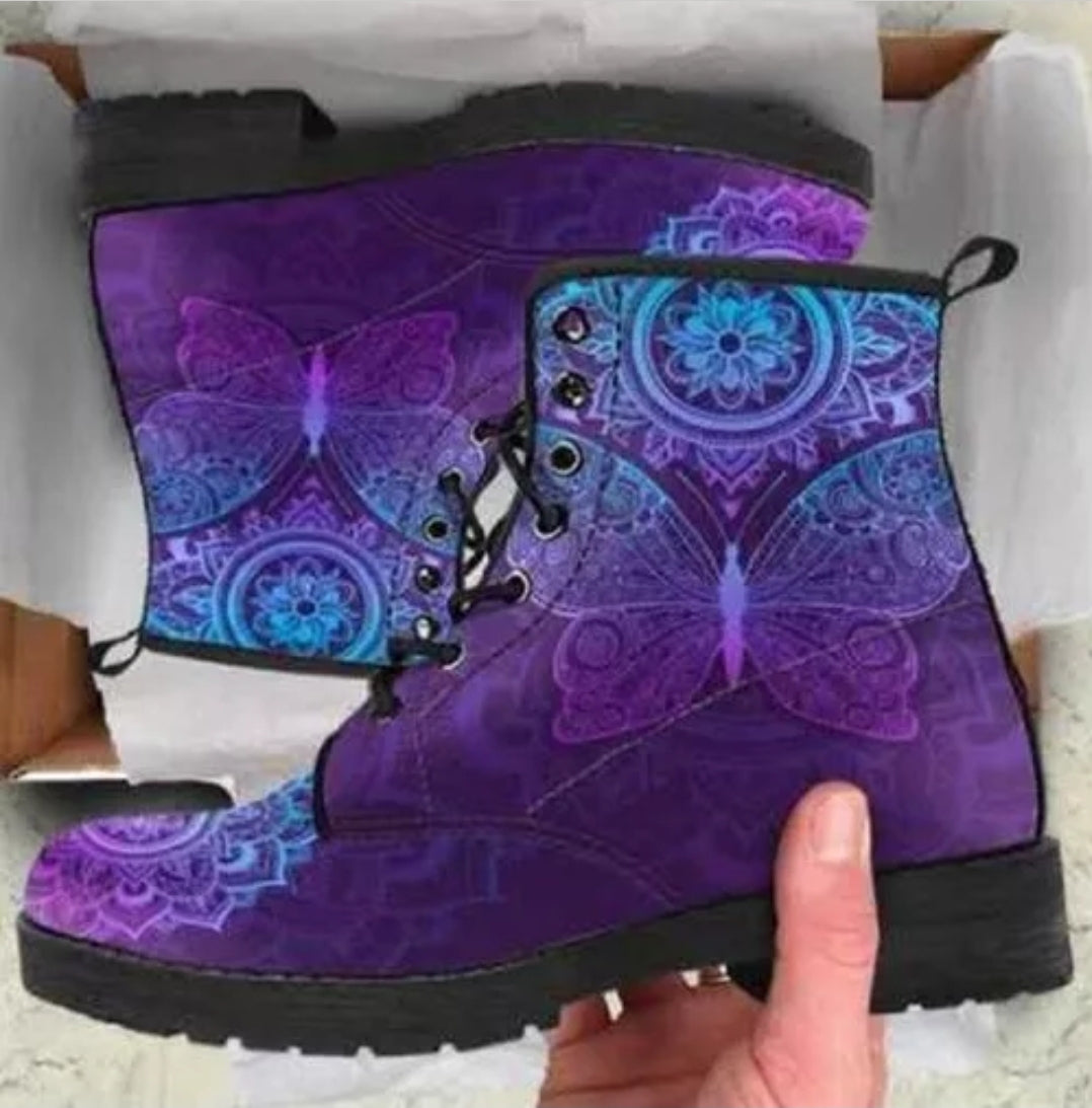 Mandala Butterfly Lace Up Ankle Boots