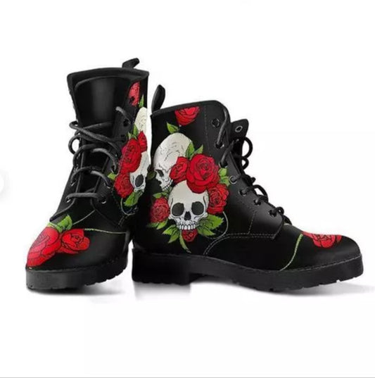 Floral Black Skull Lace Up Ankle Boots - Black