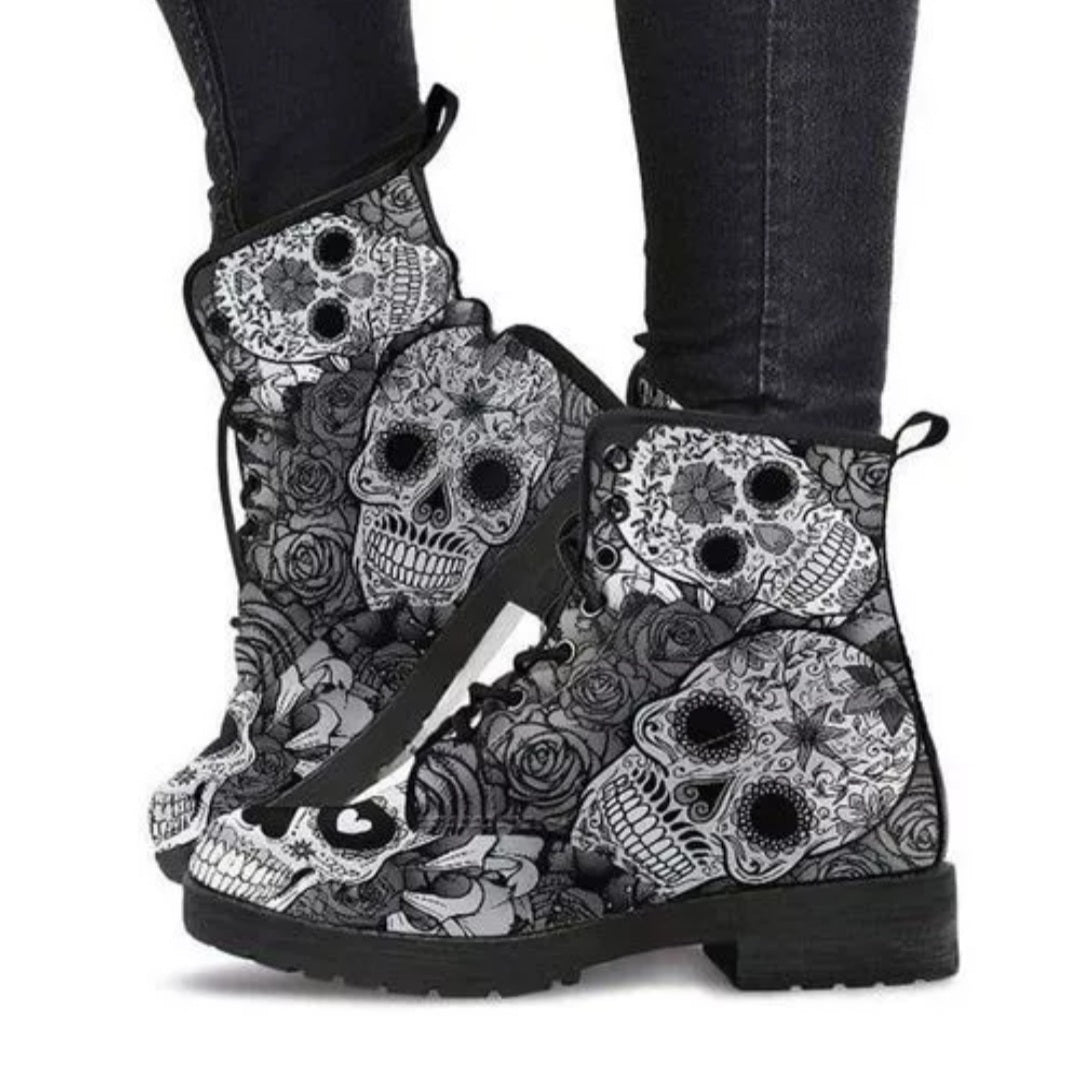 Sugar Skull Lace Up Ankle Boots