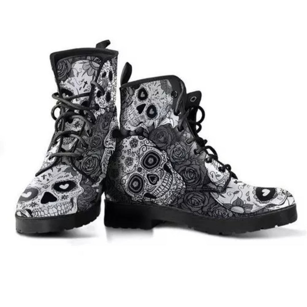 Sugar Skull Lace Up Ankle Boots