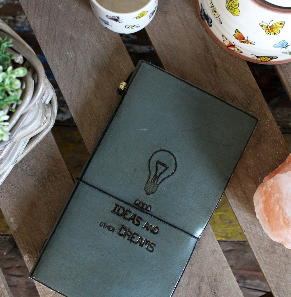 Handmade Leather Journal - Good Ideas and Other Dreams - Grey (80 pages)