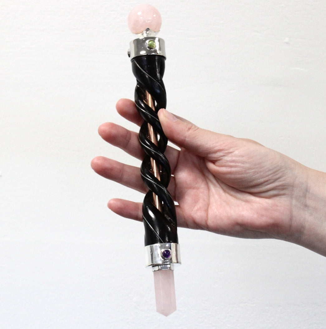 Twisted Healing Wand - Silver Rose Quartz Sphere