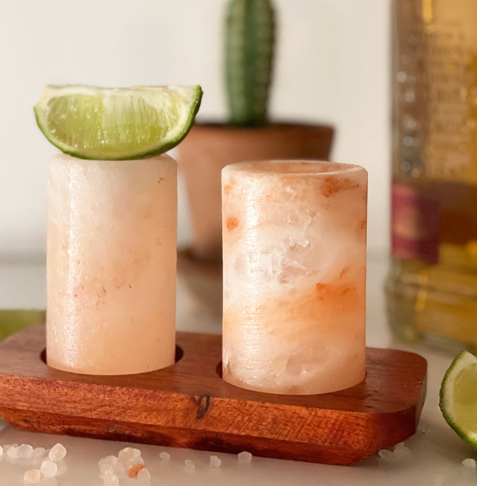 Himalayan Salt Shot Glasses & Wood Serving Tray