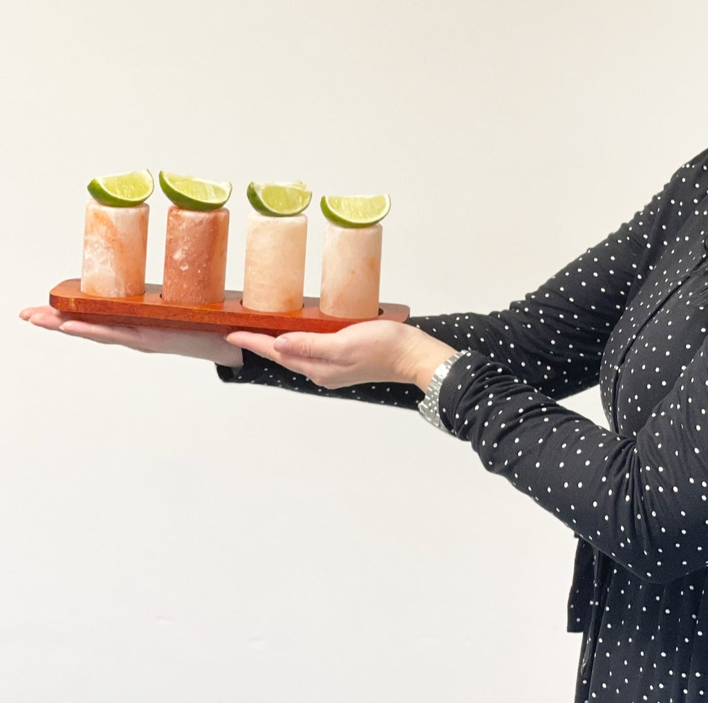 Himalayan Salt Shot Glasses & Wood Serving Tray