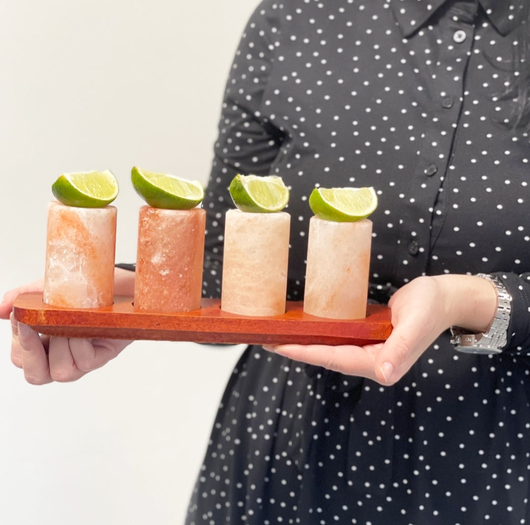 Himalayan Salt Shot Glasses & Wood Serving Tray