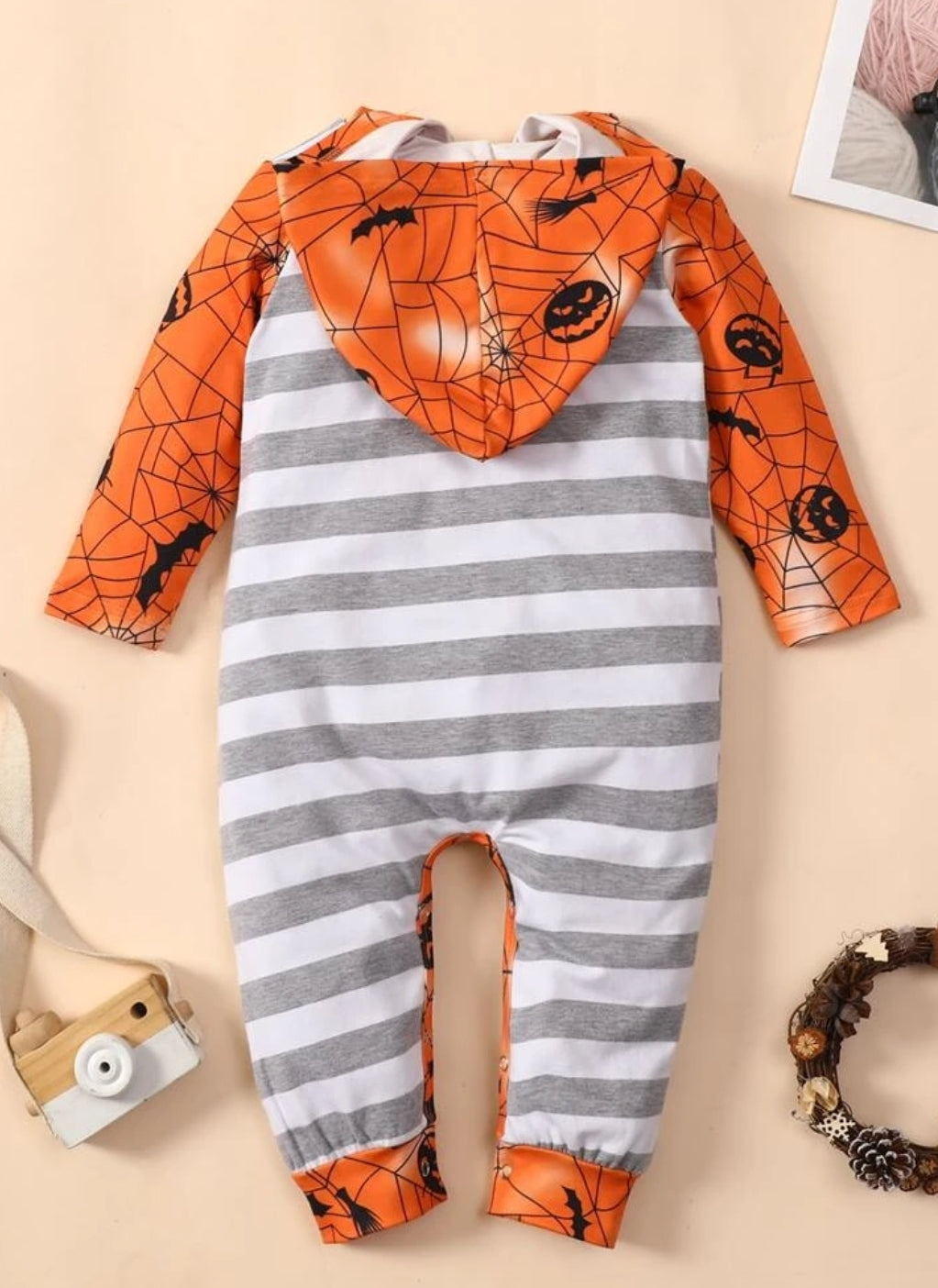 Baby Striped & Halloween Print Hooded Jumpsuit