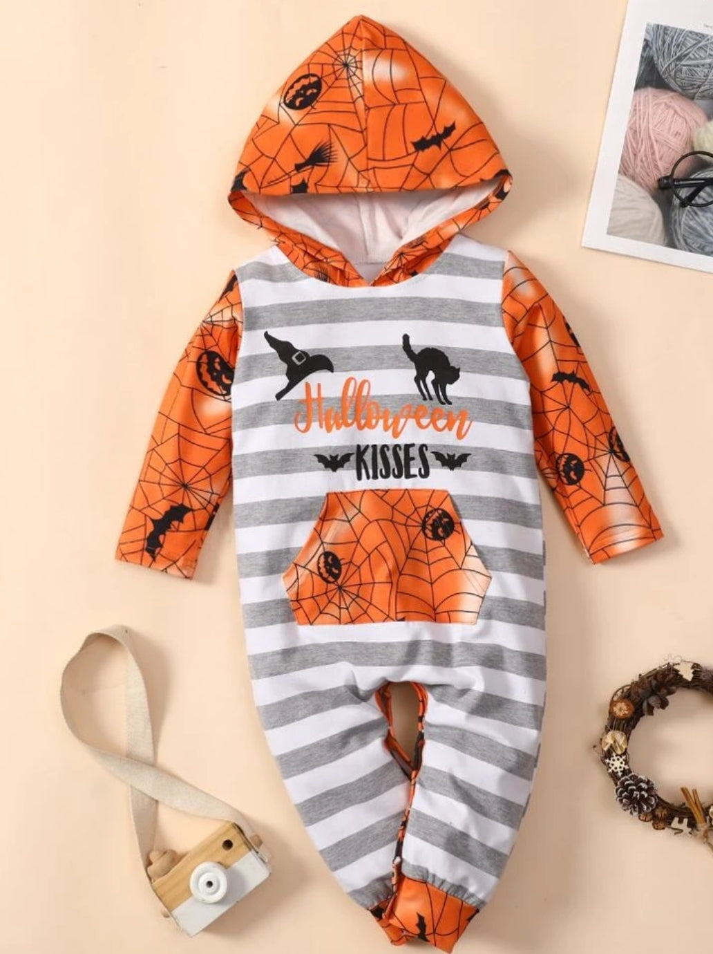 Baby Striped & Halloween Print Hooded Jumpsuit