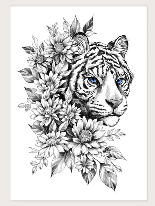 1sheet Tiger & Flower Pattern Tattoo Sticker