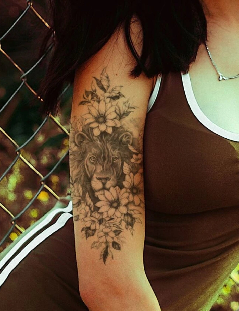 1sheet Lion & Flower Pattern Tattoo Sticker